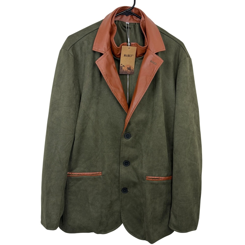 MANLY Jacket Mens Large Green Autumn Faux Suede Blazer Contrast Lapel Coat NWT